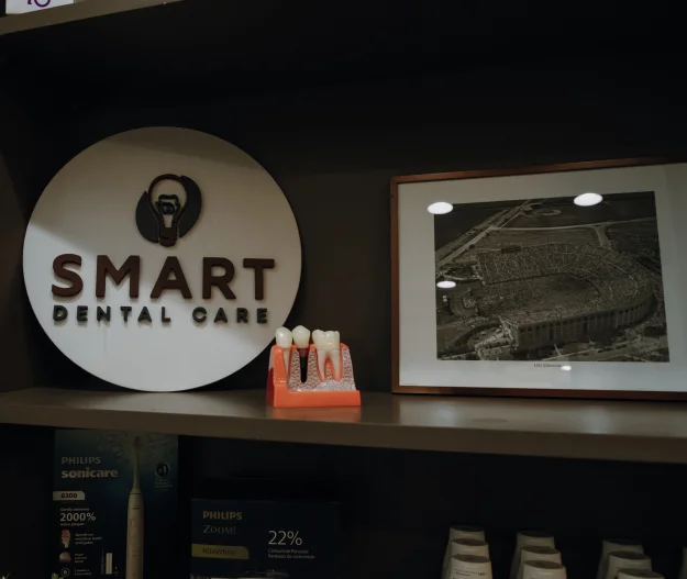 Smart financing sign displayed on a counter in a dental office